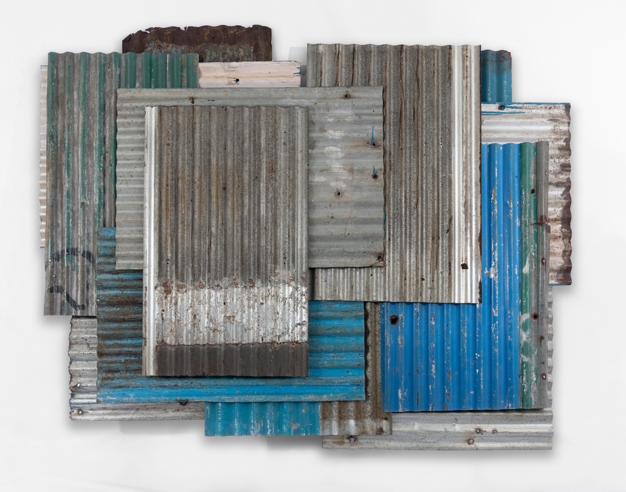 Untitled, 2023
Found/old metal corrugated sheets, wood
78 x 98 x 5 in / 198 x 249 x 12.7 cm