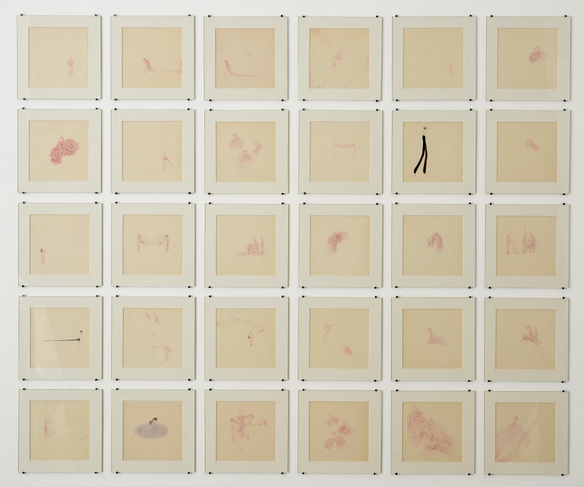 BUDDHADEV MUKHERJEE  Untitled (30 works), 2016, Chinese watercolour on Chinese rice paper, works in a grid, red lines, delicately drawn, human figures, nude figures, pastel, works on paper