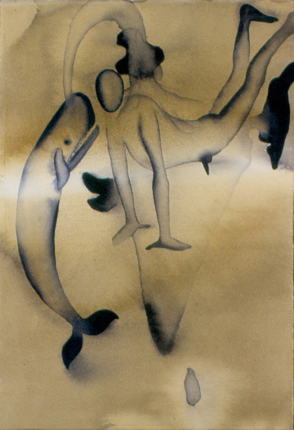 Atul Dodiya, ‘Civitella Ranieri', 1999, Watercolours, dark beige watercolour on paper, whale and a person, surreal