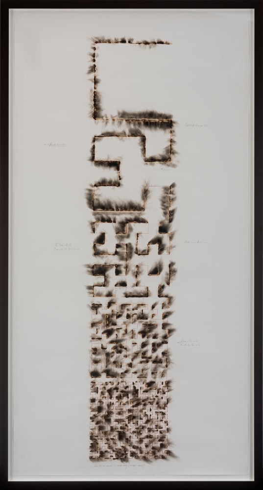 JITISH KALLAT  Wind Study (Hilbert Curve), 2018, Burnt adhesive and graphite on Arches paper, work on paper, lines, burnt, black and white, graphite, explosive