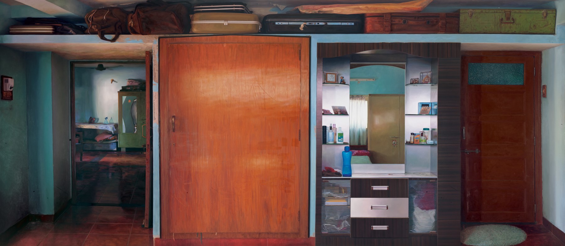 ABIR KARMAKAR Home (Wall V), 2016  Oil on canvas, interior look of domestic household, cupboard, large wooden door, suitcases sacked