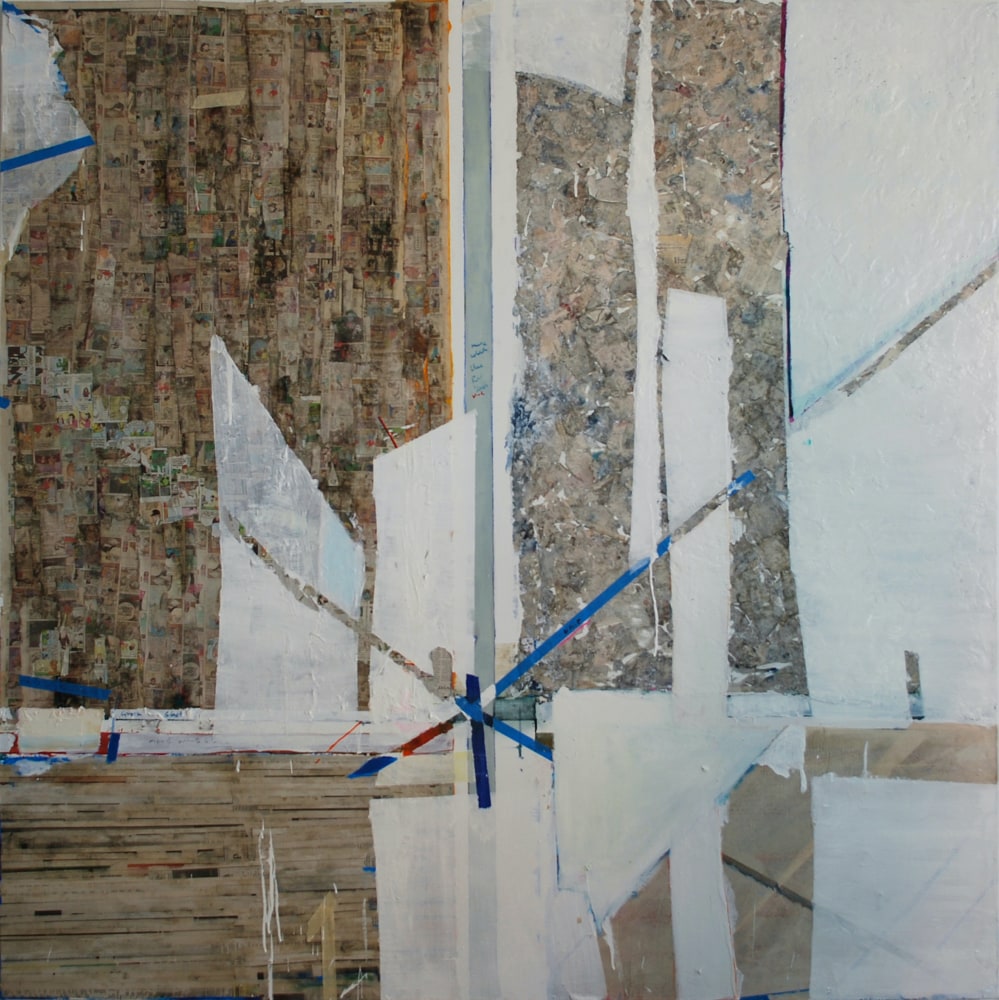 TANYA GOEL  Line IV, 2010  Oil, New Haven Register newspaper, tape and acrylic on canvas