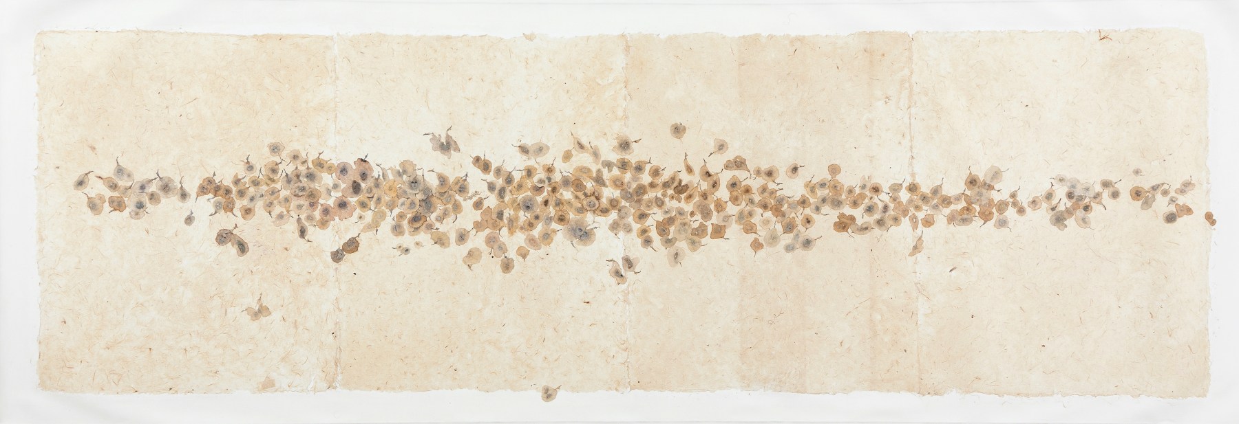 SIJI KRISHNAN, Seeds (faces), 2012, watercolour on rice paper pasted on canvas, 76.2 x 228.6 cm / 30 x 90 in