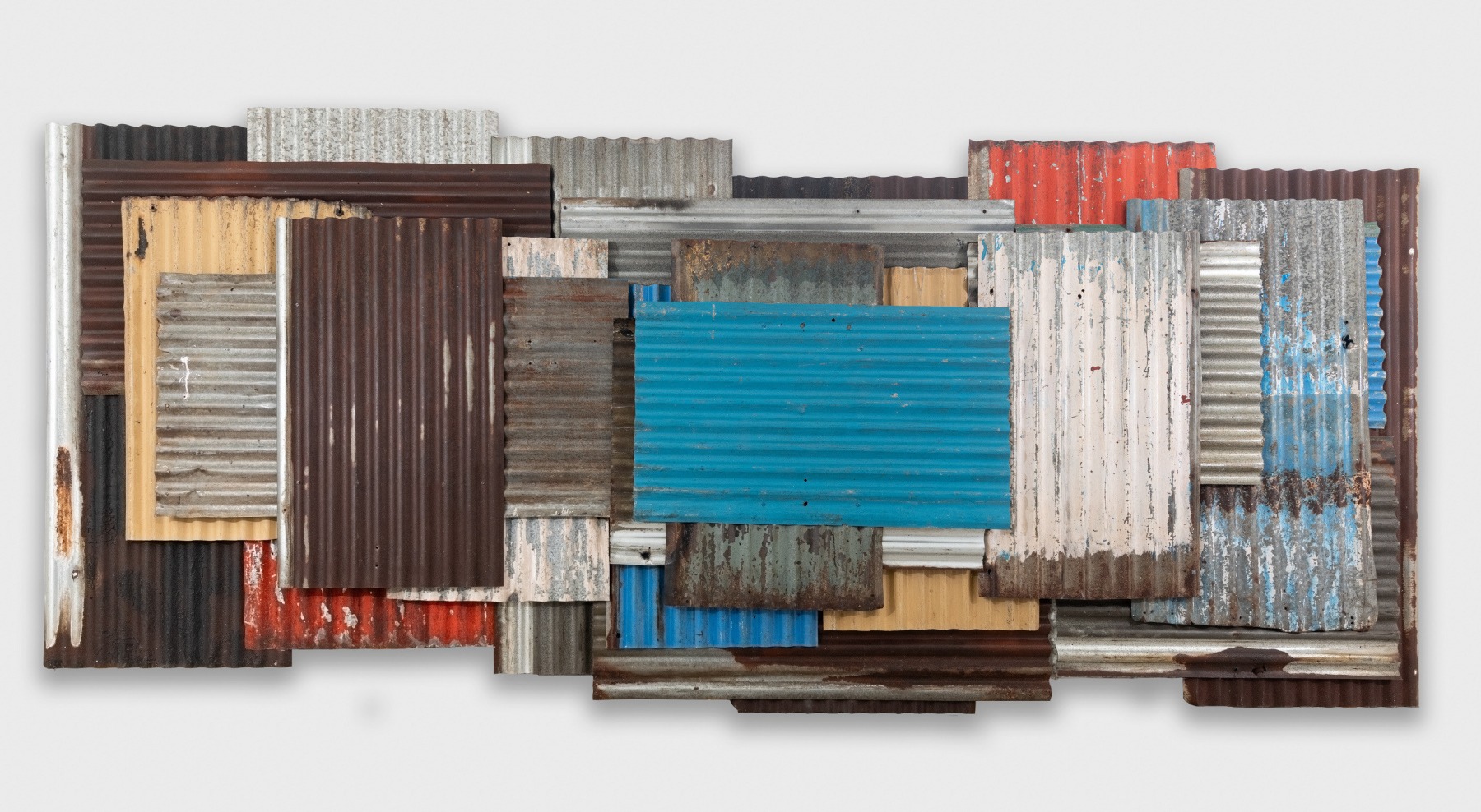 Untitled, 2023
Found/old metal corrugated sheets, wood
78 x 181 x 5 in / 198 x 456 x 12.7 cm