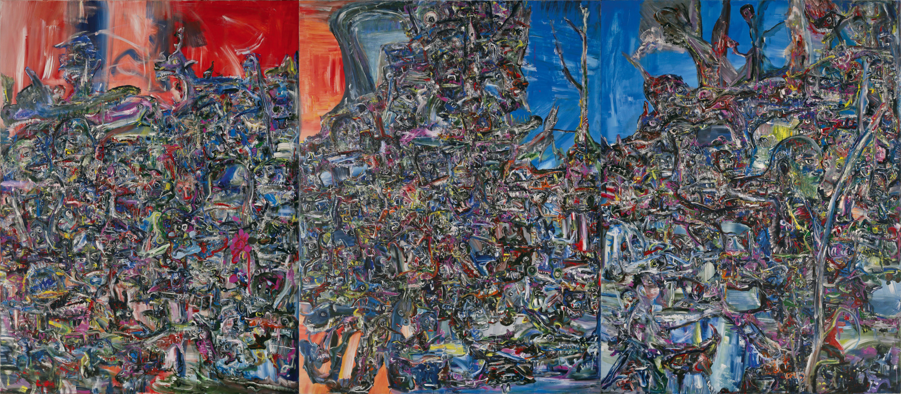 Untitled I, 2017-18

Acrylic and oil on canvas

96 x 216 in /&amp;nbsp;244 x 549 cm&amp;nbsp;(triptych)