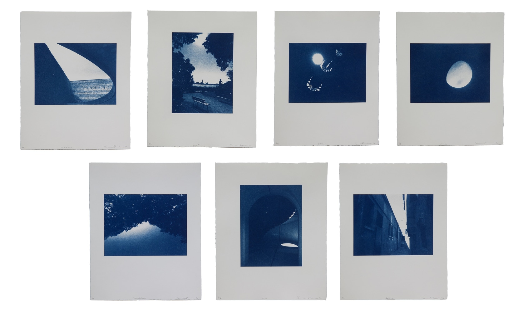 Lightforms: Venice I-VII, Scarpa, Giardini, Kites, Cone, Treeline, Arch, Sliver
Serena Perrone, 2016

Suite of 7 cyanotypes on Stonehenge paper
10&amp;quot; x 8&amp;quot; each
Edition of 5
$4000

Published by Cade Tompkins Projects

INQUIRE