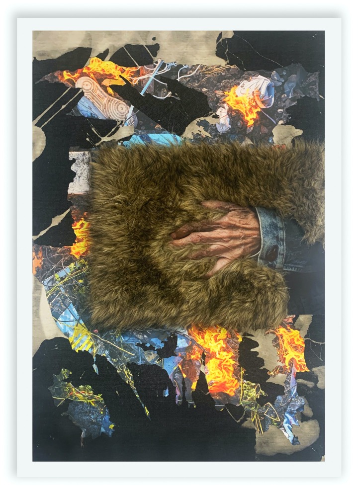 There&amp;rsquo;s a word I&amp;rsquo;m trying to remember&amp;nbsp;for a feeling I&amp;rsquo;m about to have&amp;nbsp;(A distracted path towards extinction)
Korakrit Arunanondchai, 2021

Epson pigment print with cut&amp;nbsp;and collaged bleach black denim and faux fur
48&amp;quot; x 36&amp;quot;
Edition of 16
$5000

INQUIRE