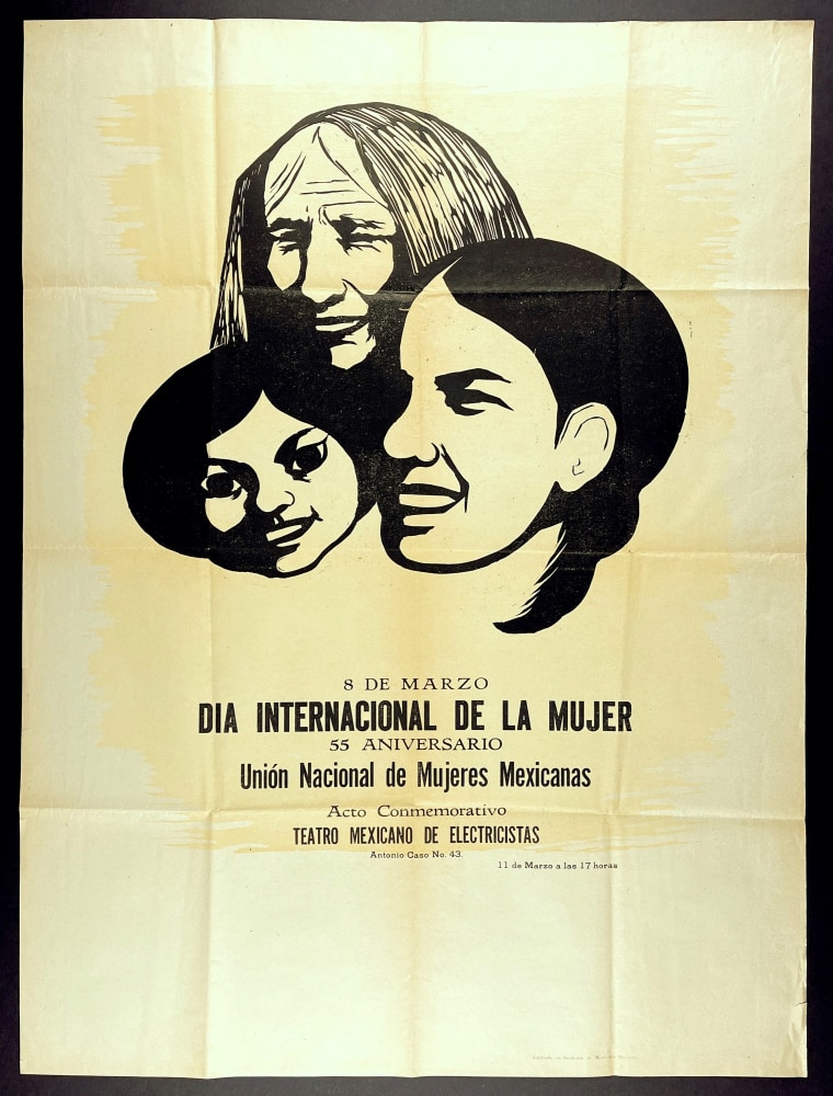 D&amp;iacute;a Internacional de la Mujer [International Day of the Woman] : 55 Aniversario
[MEXICO - MEXICAN AMERICANS] Quevedo, Mercedes,&amp;nbsp;[1965]

Illustrated poster, linoleum print in pale yellow and black on tan paper
Approx. 31.5&amp;quot; x 23.75&amp;quot;
Edition size: Unknown
$1800

Condition and provenance notes: Very good overall, old central folds from previous storage, otherwise well-preserved with only minor handling marks. Quevedo is a noted Mexican American feminist artist.

Publisher info: Uni&amp;oacute;n Nacional de Mujeres Mexicanas

INQUIRE