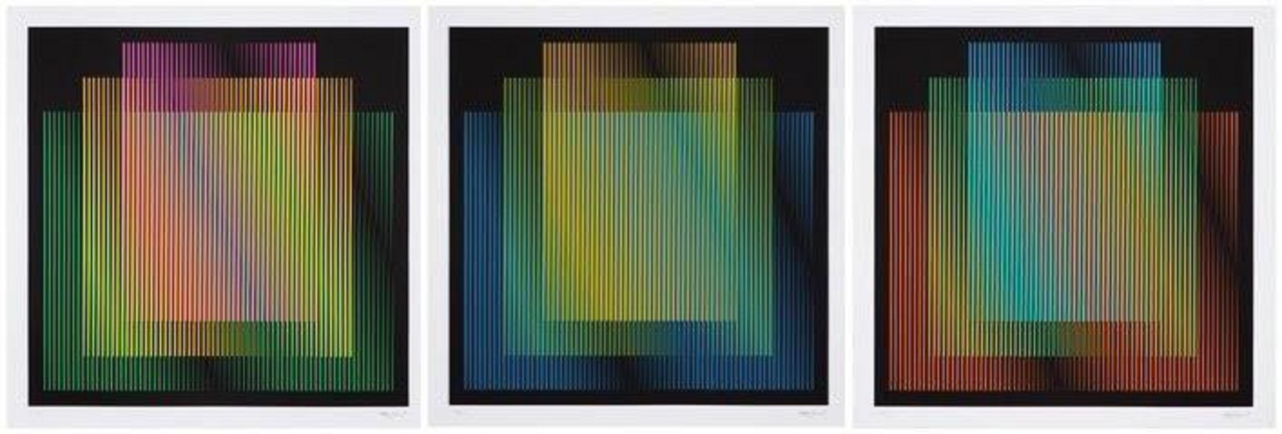 Couleur Additive Germania Harmonie A,B,C
Carlos Cruz-Diez, 2018

Portfolio, Silkscreen
39 3/8&amp;quot; x 39 3/8&amp;quot; (100 cm x 100 cm) each
Edition of 50
$16,000 (Individual Print $6,000)

Printed by Edition Domberger, Stuttgart, Germany
Published by Harvey Bayer Fine Art

INQUIRE