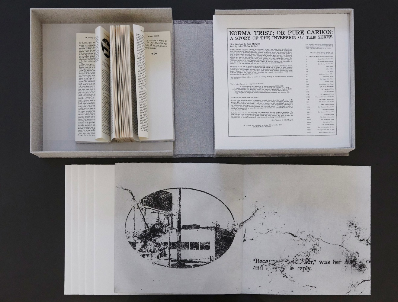 NORMA TRIST; OR PURE CARBON: A STORY OF THE INVERSION OF THE SEXES
Nick Vaughan &amp;amp; Jake Margolin

Livre d&amp;rsquo;artiste
Folios: Screen print exterior, photo etching with flocking interior
Colophon: photo etching
Book: Screen printed text

Portfolio clam-shell box: 12 1&amp;frasl;2&amp;rdquo; x 12 1&amp;frasl;2&amp;rdquo; x 4 1&amp;frasl;2&amp;rdquo;
Folios: 12&amp;rdquo; x 24&amp;rdquo; open, 12&amp;rdquo; x 12&amp;rdquo; closed
Accordian book 10&amp;rdquo; x 532&amp;rdquo; unfolded
Edition of 15

The 6 folio plates were printed from photo-etched polymer plates by Katherine Brimberry using graphite based ink and flocked with loose graphite powder on Rives BFK paper at Flatbed Press. The serigraphed text was printed by Pepe Coronado on Rives lightweight paper. The typographic design is by Nick Vaughan and Jake&amp;nbsp;Margolin

Printed by Katherine Brimberry,&amp;nbsp;text binding and&amp;nbsp;box&amp;nbsp;by Kaoru Y. Perry at Cloverleaf Studio, Published by Flatbed Press

PURCHASE