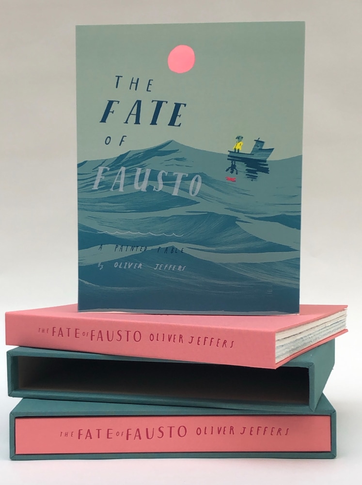 The Fate of Fausto
Oliver Jeffers, 2019

Artist book of 92 illustrated pages and 36 original colored lithographs&amp;nbsp;on BFK Rives paper
Each cover is hand-finished by the artist with gouache paint
The book is placed in a two-toned clothed case made by Atelier Agoria in Vincennes
Book: 10.7&amp;quot; x 8.4&amp;quot;
Case: 11&amp;quot; x 8.6&amp;quot;
Edition of 100
$2600 (Pre-tax)

Printed and Published by Idem Paris

INQUIRE