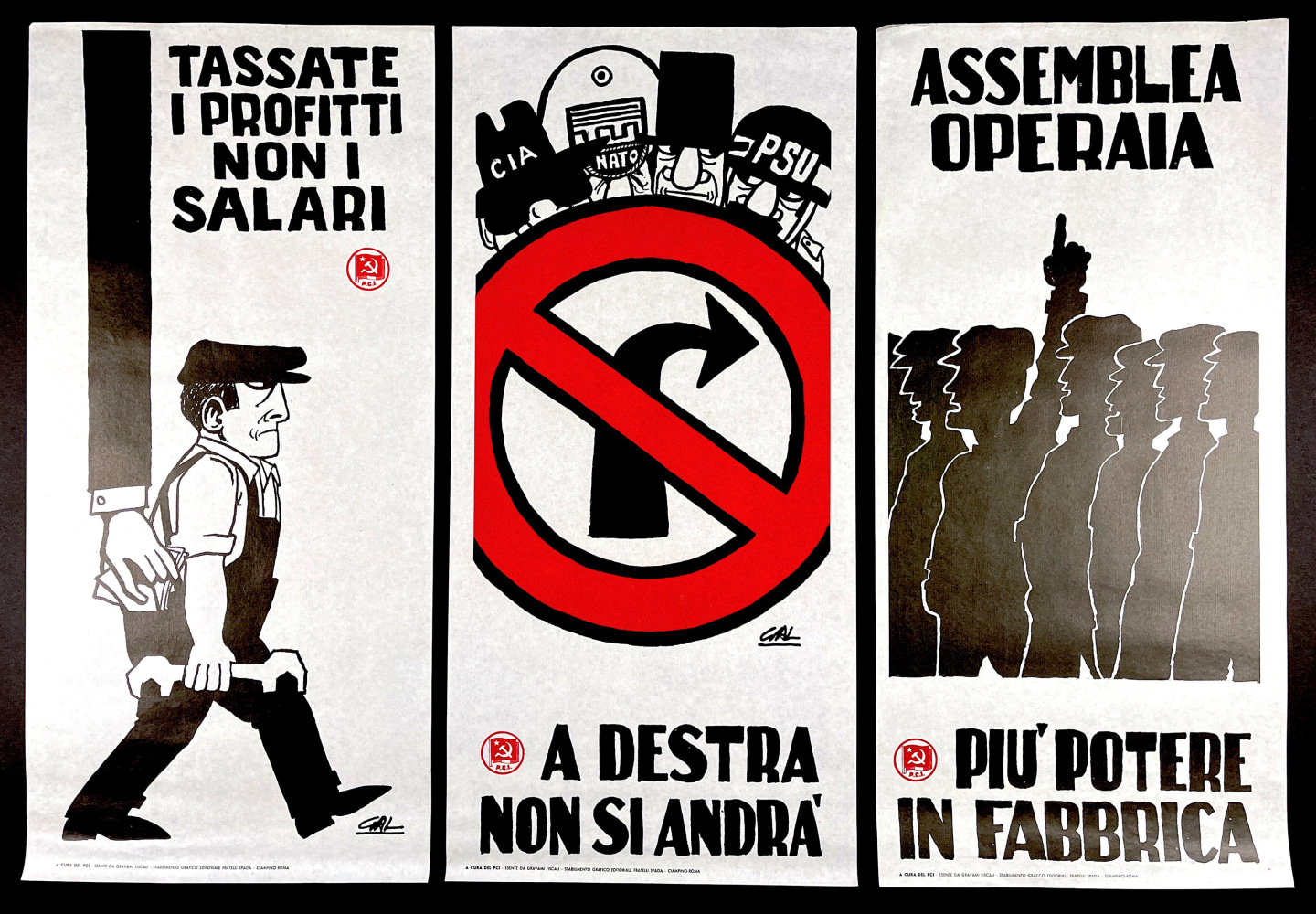 Collection of six posters, ca. 1968, for the Italian Communist Party
GAL (Gino Galli),&amp;nbsp;[1968]

Illustrated posters, lithographically printed in red and black on semi gloss translucent commercial stock
Approx. 27.5&amp;quot; x 13&amp;quot;
Edition size: Unknown
$1800

Condition and provenance notes: Very good overall, to near fine. Original posters from the student protests of 1968. This lot acquired from a private collection in California.

Published by Fratelli Spada for Partito Comunista Italiano

INQUIRE