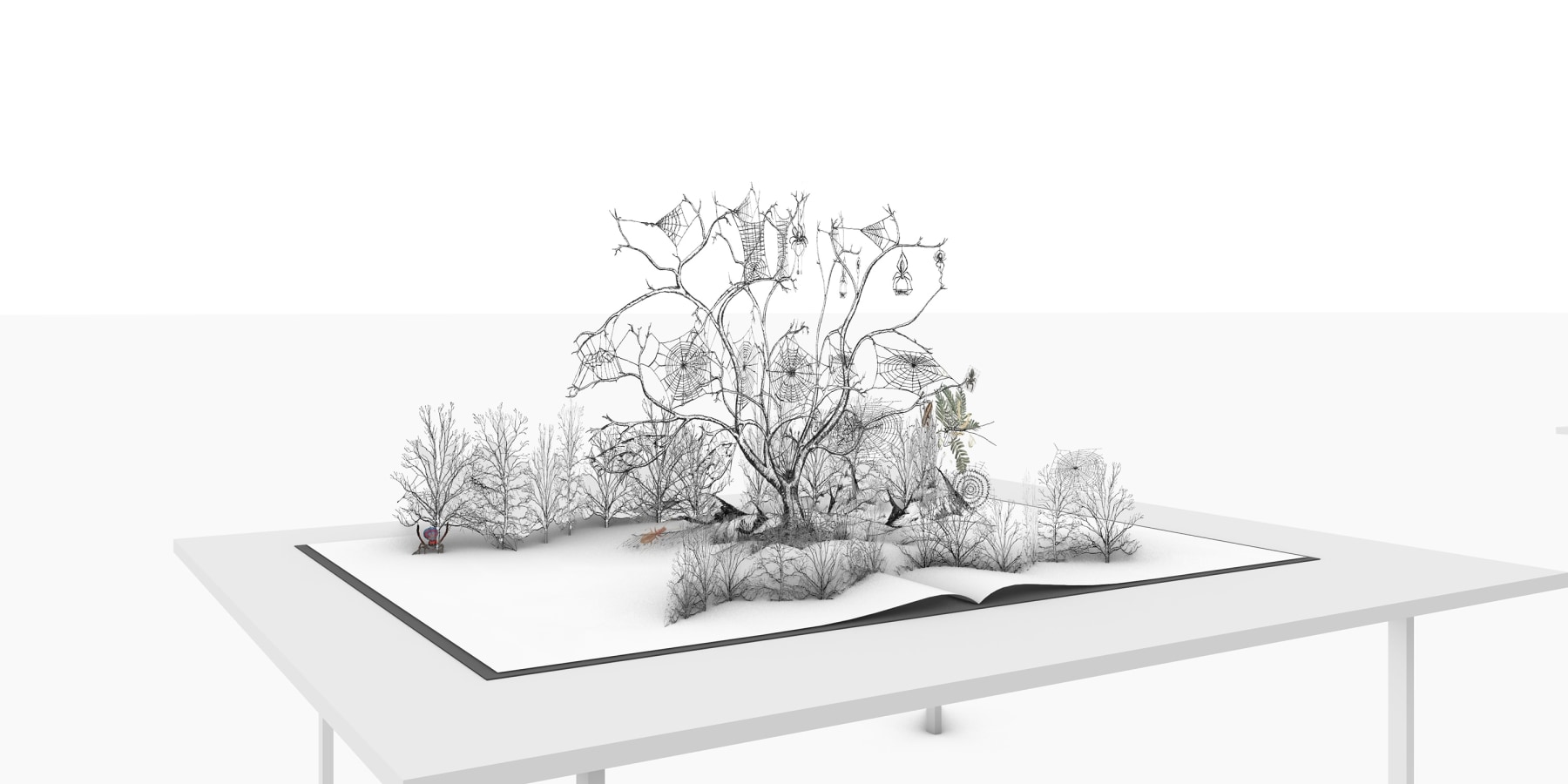 From Arachnophobia to Arachnophilia: Venice Tree&amp;nbsp;
Tom&amp;aacute;s Saraceno, 2021

Artist&amp;rsquo;s book, with five hand-cut paper pop-up scenes&amp;nbsp;
Deluxe Edition, page spread: 33&amp;quot; x 23.3/8&amp;quot;
Deluxe Edition: 10 or fewer copies

Papercutting by Chisato Tamabayashi, London; sewing by Studio Tom&amp;aacute;s Saraceno, Berlin

INQUIRE
