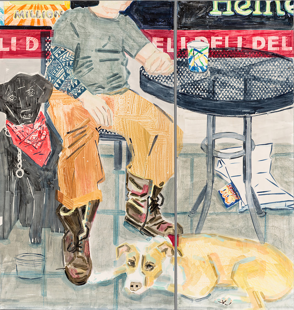 Deli bag and lottery ticket (Gutter Punk with his Dogs)
Stella Ebner, 2019

Watercolor monoprint
40&amp;quot; x 40&amp;quot;
Unique
$5000

Published by Cade Tompkins Projects

INQUIRE