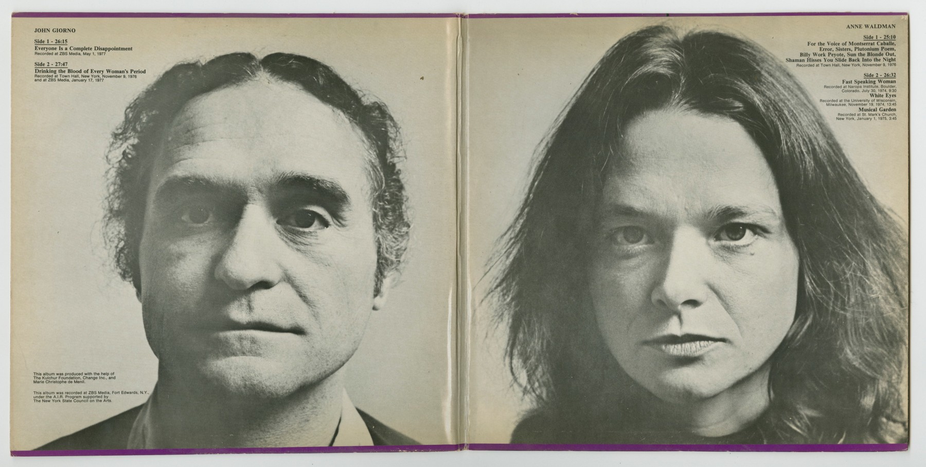 John Giorno and Anne Waldman: A Kulchur Selection (1977), inside spread