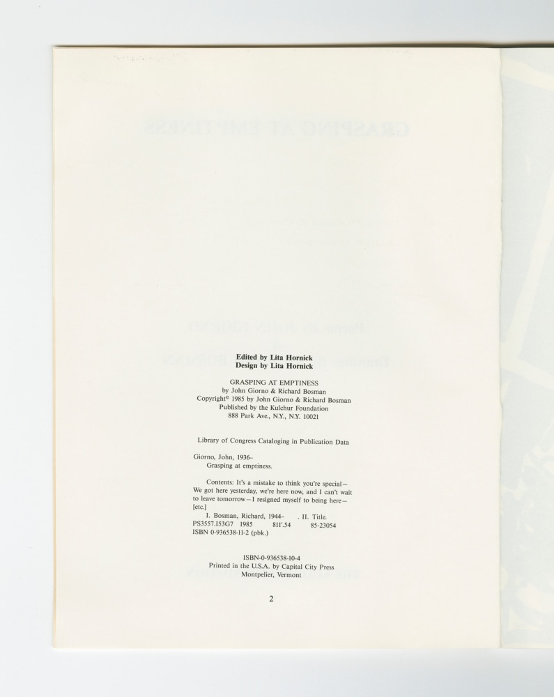 Grasping At Emptiness, 1985 (3) – Colophon