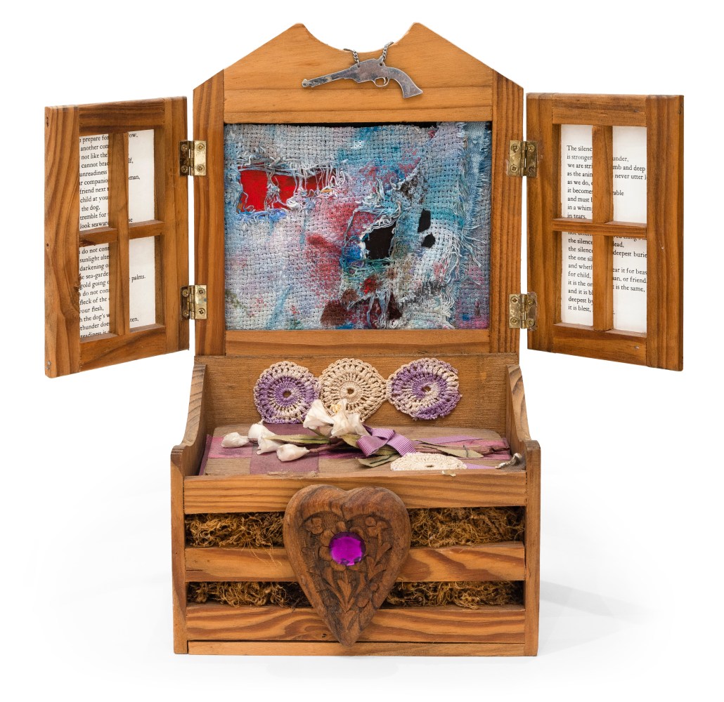 Marie Johnson-Calloway

Mourning with Gun

mixed media construction with wood, paint, paper, fabric, canvas, ribbon, metal pendant, and straw

12 x 7 x 5 in.
30.5 x 17.8 x 12.7 cm.

(MJC006)