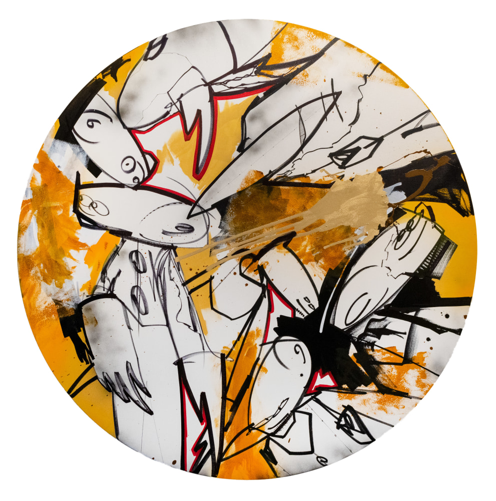 FUTURA2000
CORN DOG, 2022
acrylic, marker, spray paint, oil on canvas
60 in diameter
152.40 cm diameter
FF146