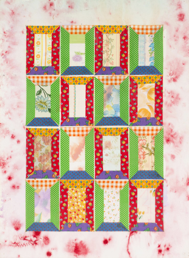 Miriam&amp;nbsp;Schapiro
Again Sixteen Windows, 1973
Enamel spray, watercolor, and fabric on paper
30.50h x 22.50w in
77.47h x 57.15w cm
MSCHA049