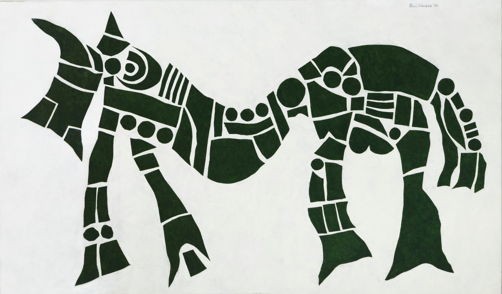 Paul Waters
The Horse with Scares and Balls, 1970

oil on cut linen collage on canvas

70h x 118w in
177.80h x 299.72w cm
PWAT379