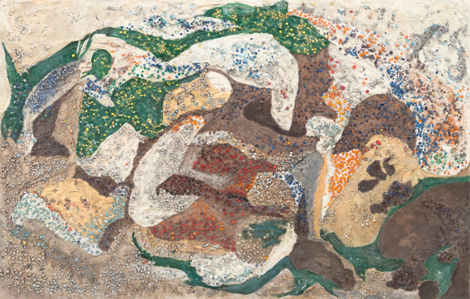 Jeanne&amp;nbsp;Reynal
Untitled, 1952
smalti, marble and pigmented cement on board
27h x 42 1/8w x 1d in
68.58h x 107w x 2.54d cm
JREY045