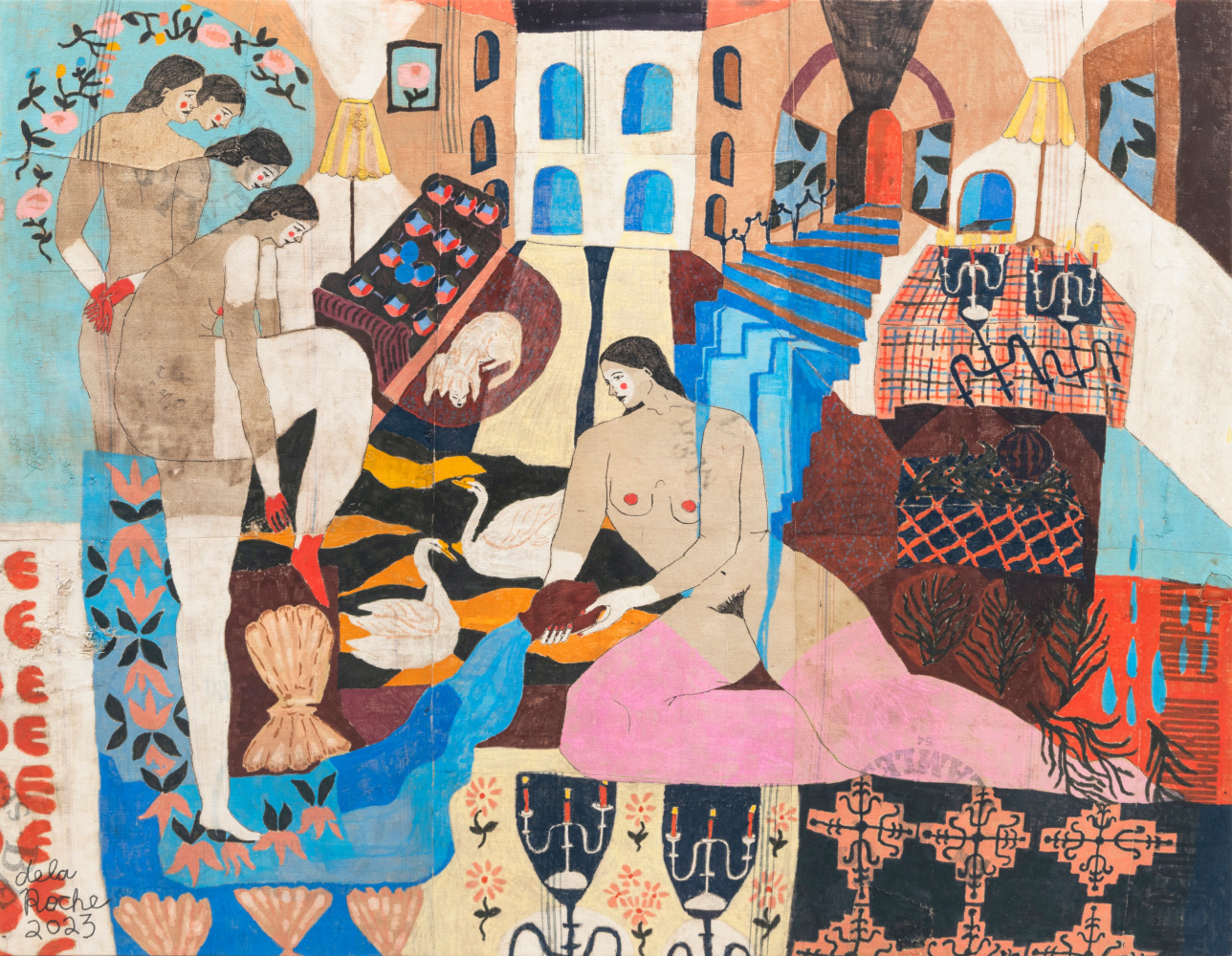 Lauren&amp;nbsp;dela Roche

Caterpillar, 2023

acrylic on cotton feedsack with acrylic varnish

56h x 72w in

142.24h x 182.88w cm

LDRO004