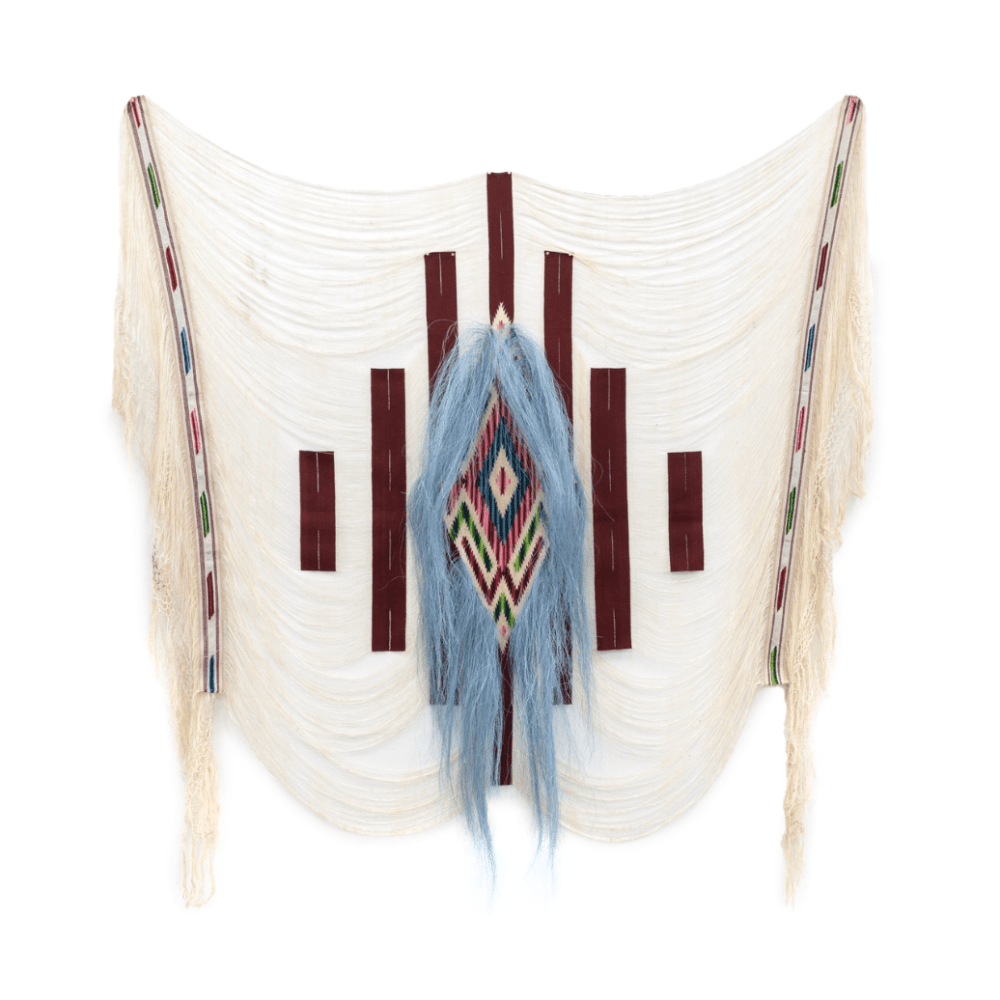 Kelly Tapia-Chuning

Origin Mother, 2024

dismantled serape, maguey/agave fiber hand-dyed with indigo, copper nails

63 x 71 in.
160 x 180.3 cm.

(TAPI002)