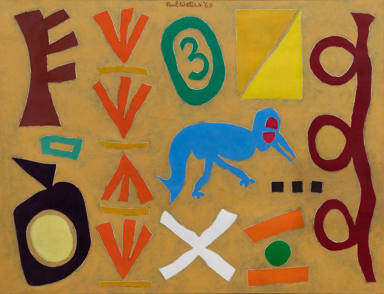 Paul&amp;nbsp;Waters

Dream Time Blues, 1969

oil on cut linen collage on canvas

46h x 60w in

116.84h x 152.40w cm

PWAT033