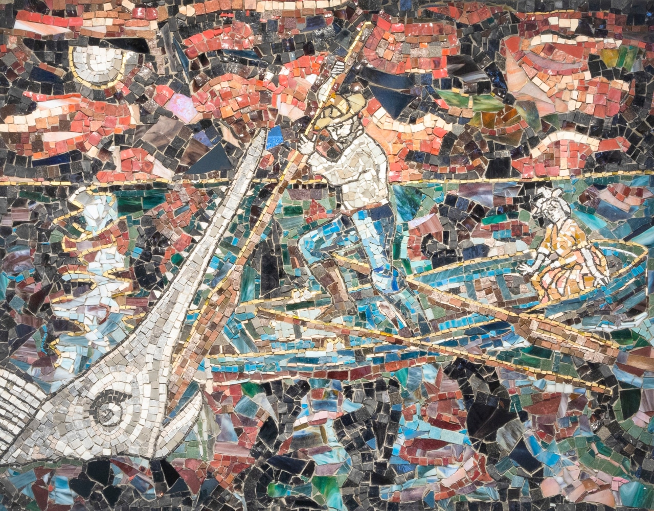 Ned Smyth | Confronting the Watery Beast | 1986
Stone, glass, gold mosaic on wood
36h x 46w in