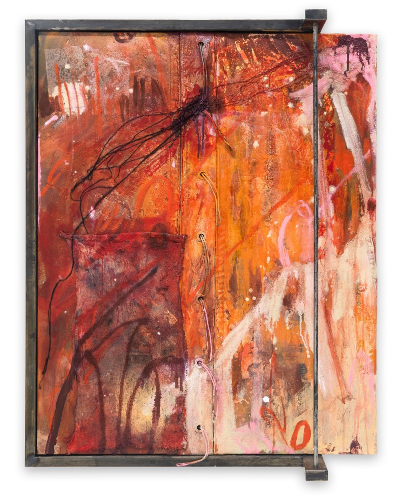 Jo Dennis

Dreaming in Orange, 2024

oil, acrylic, spray paint, marble dust, drop cloth and yarn on military surplus tent fabric and steel

41 1/2 x 32 3/4 x 6 1/2 in.
105.4 x 83.1 x 16.5 cm.

(JODEN003)