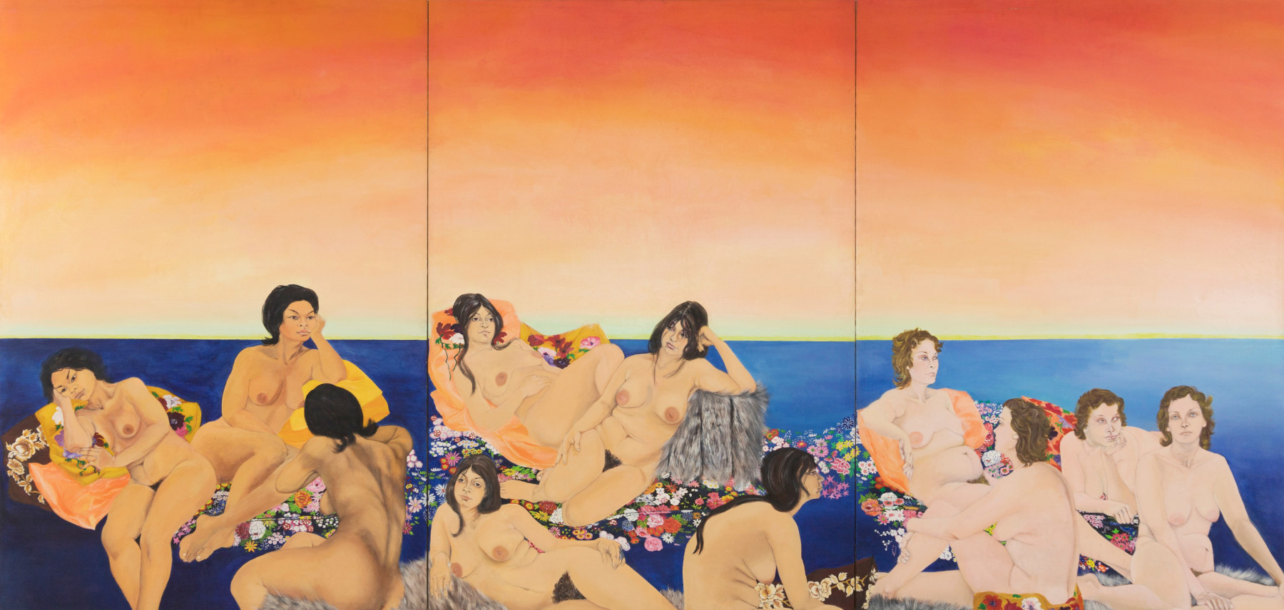 Martha Edelheit
Women in Landscape, 1966&amp;ndash;68
acrylic on canvas, in three panels&amp;nbsp;
98h x 202 1/2w in
248.92h x 514.35w cm
MEDE141