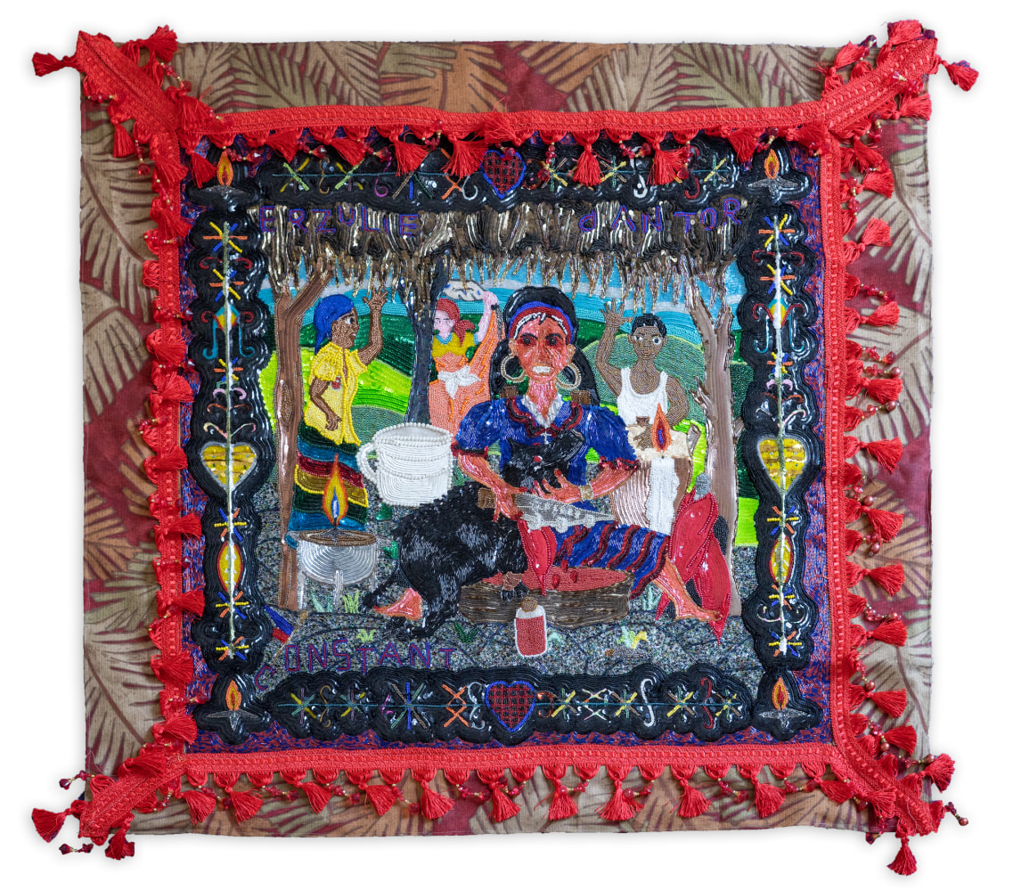 A textile piece depicting a ritual of a woman opening an animal carcass