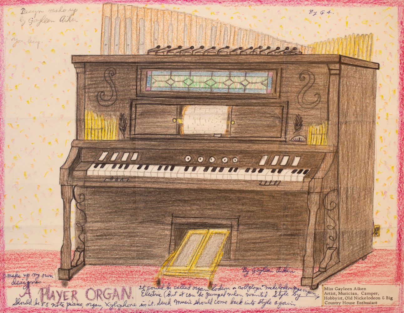 A Player Organ, c. 1992
Colored pencil, ballpoint pen, and crayon on paper
8.5 x 11 inches