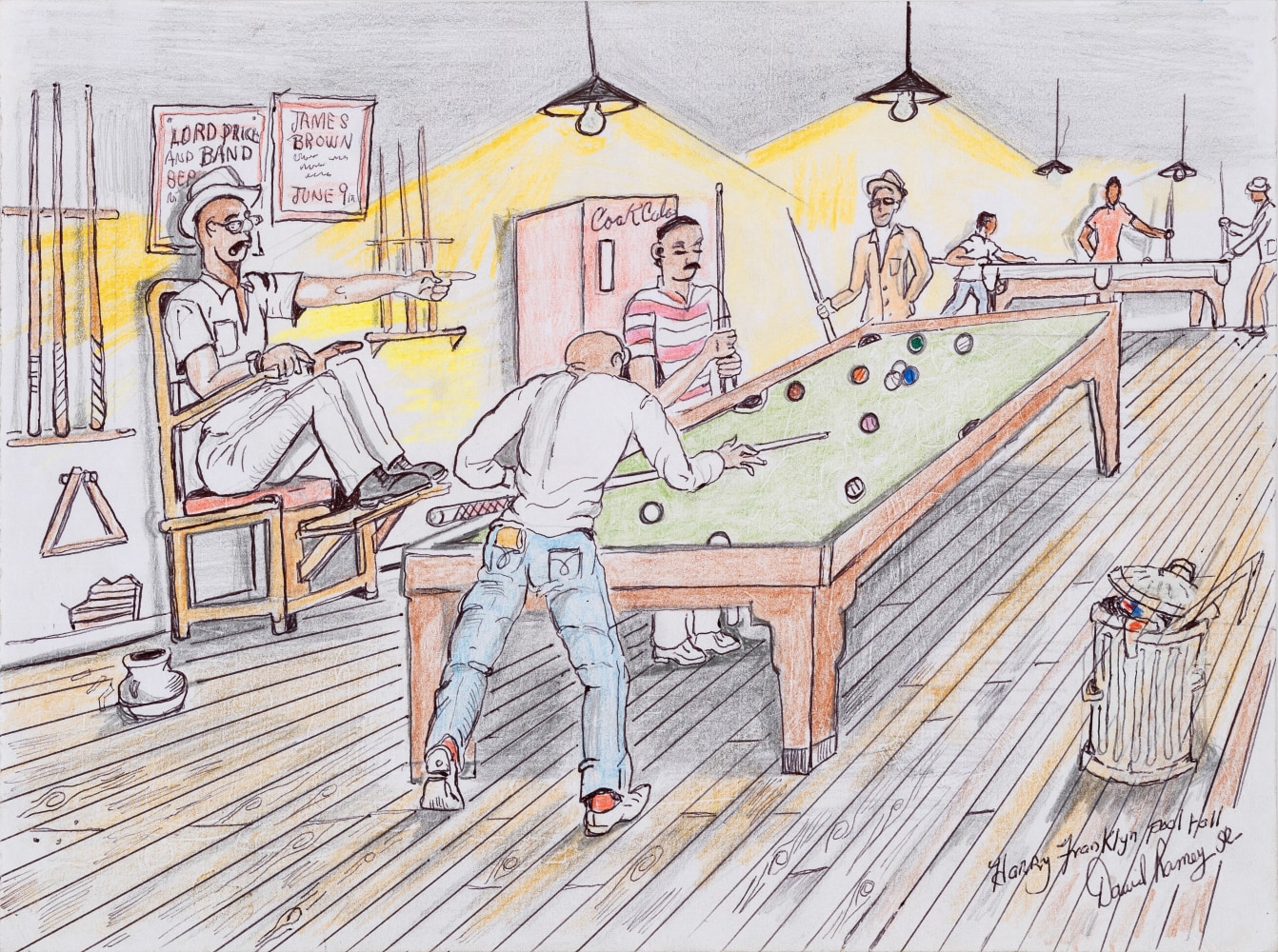 An ink graphite, and charcoal drawing that illustrates people playing pool indoors.