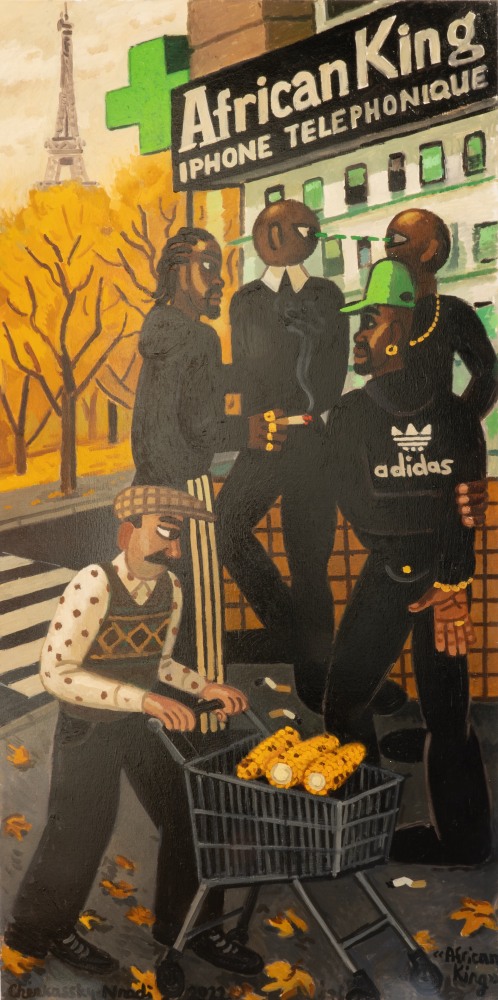 A painting of a street scene in autumn with 5 men