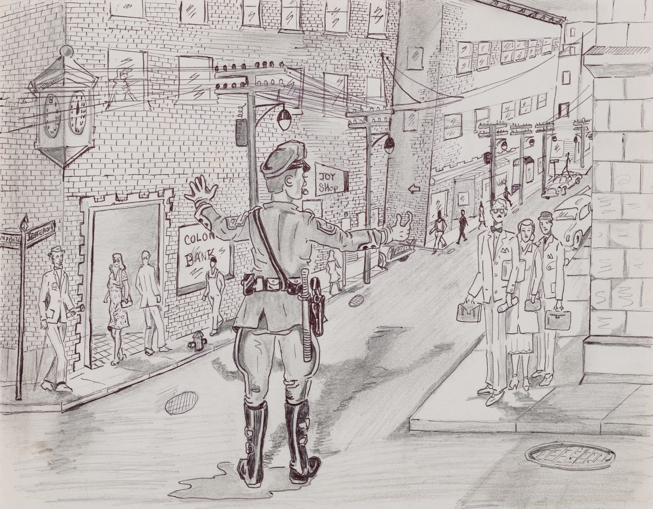 A graphite pencil and ink drawing on paper that displays a police officer mitigating traffic and pedestrians on a busy street.