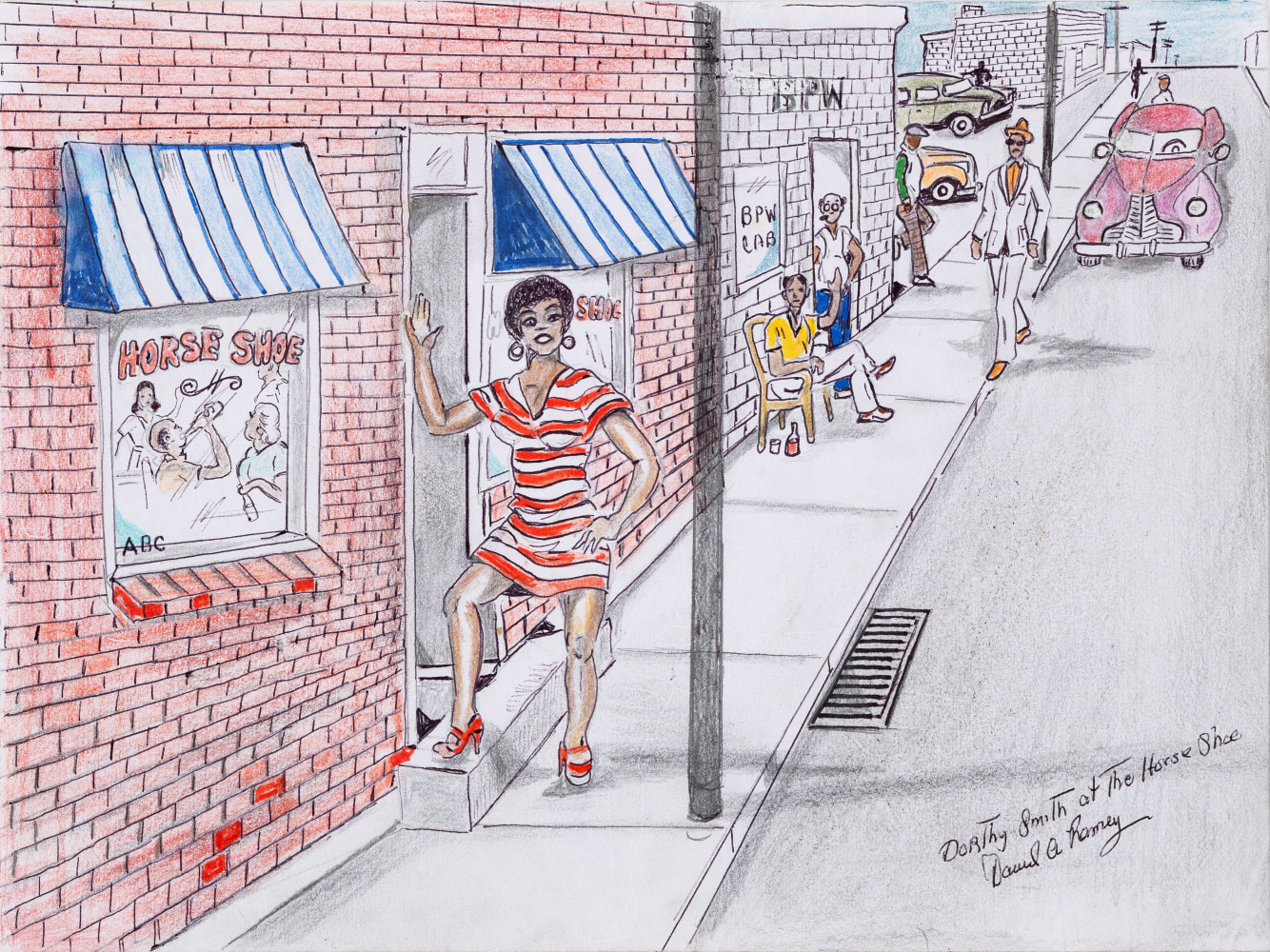 An ink graphite and colored pencil drawing on paper that displays a women wearing a red striped dress standing in a busy street filled with cars, brick buildings, and people.