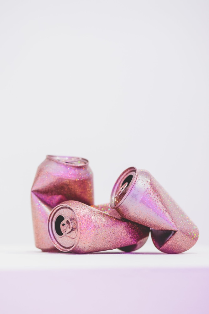Sadie Barnette
Untitled (Can) (Pink), 2018
Metal flake on found cans
5 x 3 x 3 inches (each)