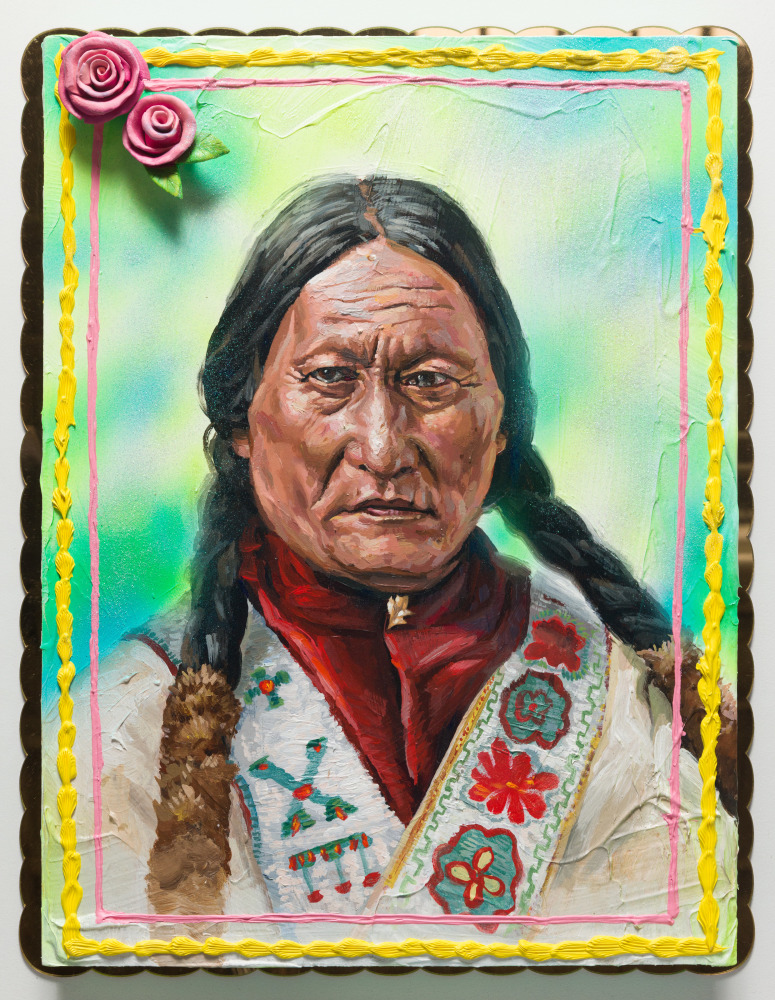 Sitting Bull Cake, 2019
Heavy body acrylic, acrylic, airbrush, and ceramic cake roses on panel with gold mirror plex
26 x 20 x 3 inches