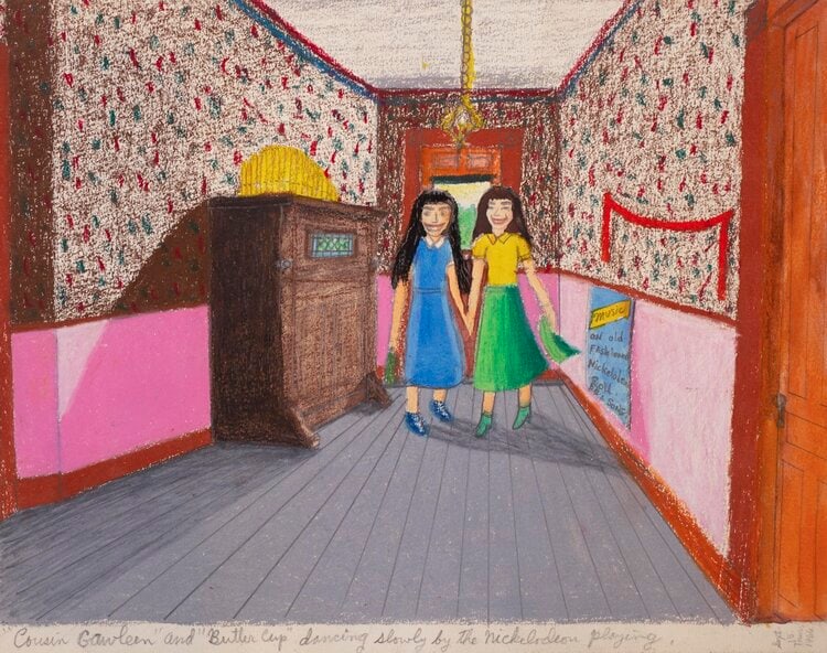 Gayleen Aiken
&amp;quot;Cousins Gawleen&amp;quot; and &amp;quot;Butter Cup&amp;quot; dancing slowly by the nickelodeon playing., 1966
Colored pencil, ballpoint pen, and crayon on paper
9 x 12 inches