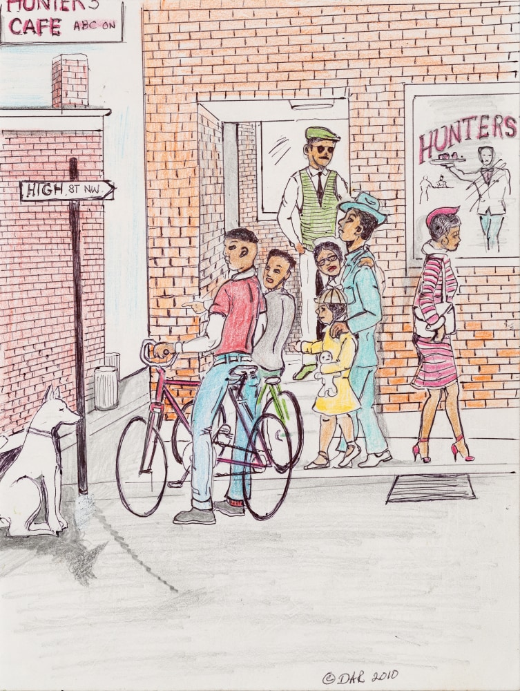 A vibrant and warm toned ink graphite and colored pencil drawing that displays people on bicycles navigating through the street.