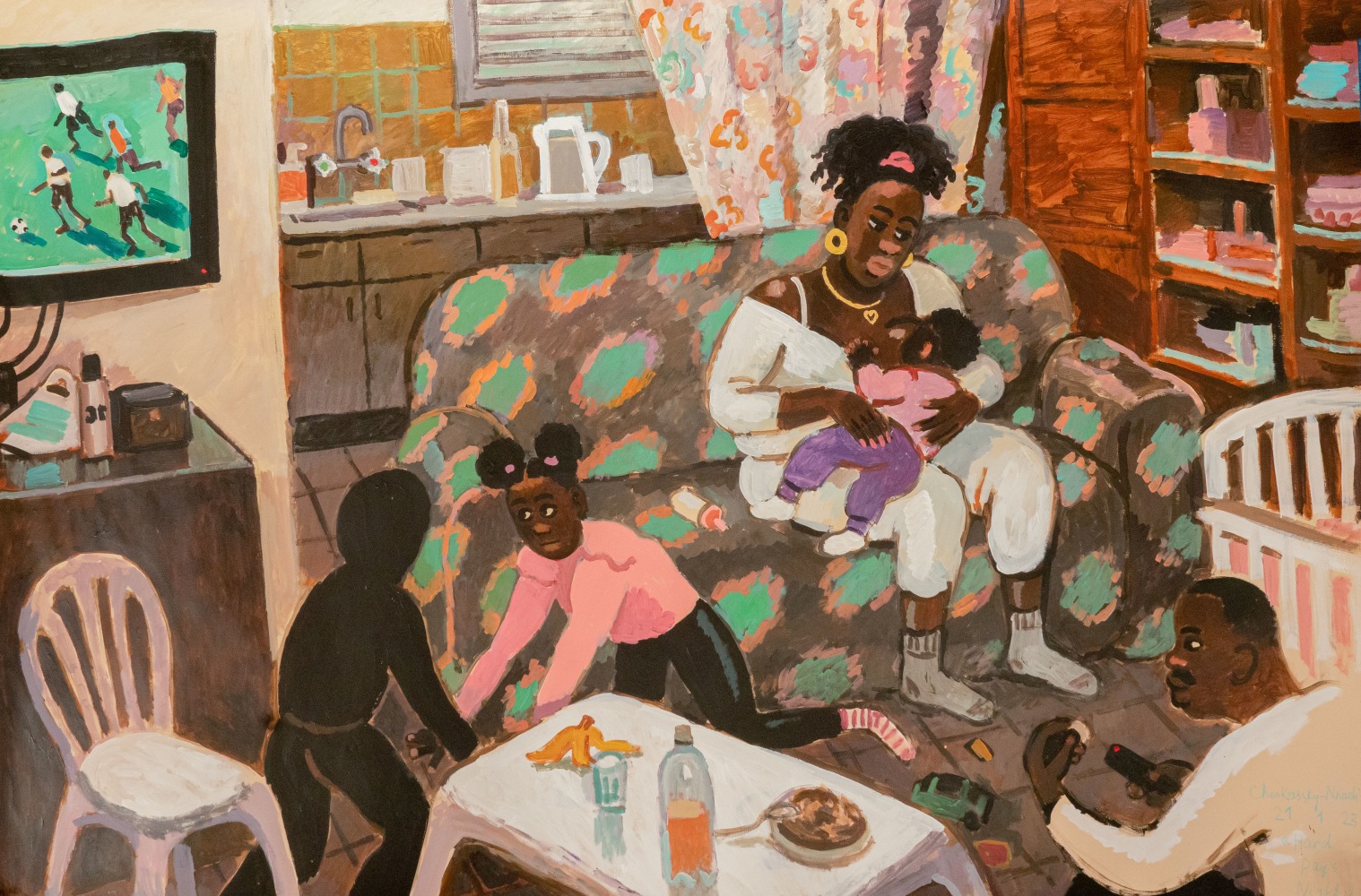 A painting of a mother, father, and three children in their living room