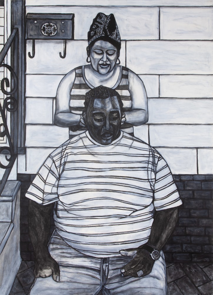 Woman Braiding Man&amp;#39;s Hair, 2001
Acrylic and charcoal on paper
66 x 48 inches&amp;nbsp;