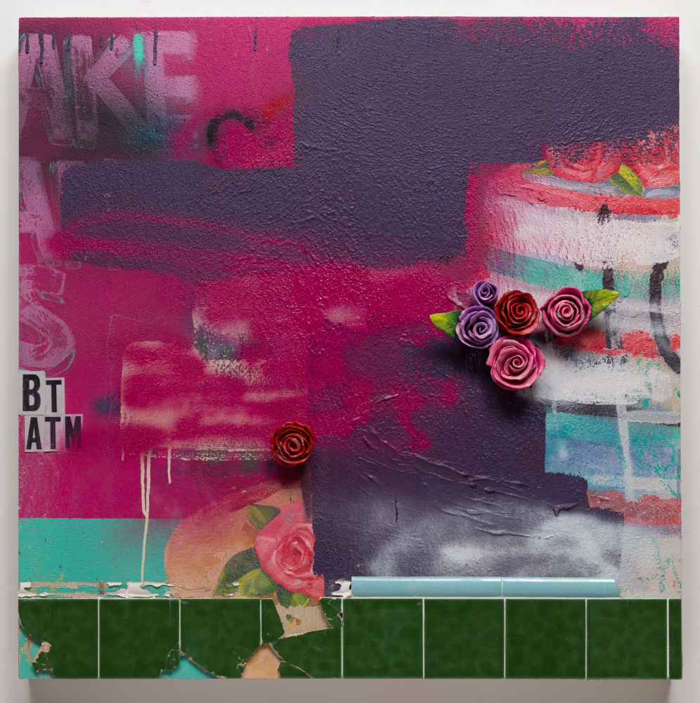 Montebello to Chinatown (Electronic Benefits Transfer), 2018
Stucco, ceramic, ceramic tile, acrylic paint, spray paint and latex house paint on panel
36 x 36 x 3.5&amp;nbsp;inches