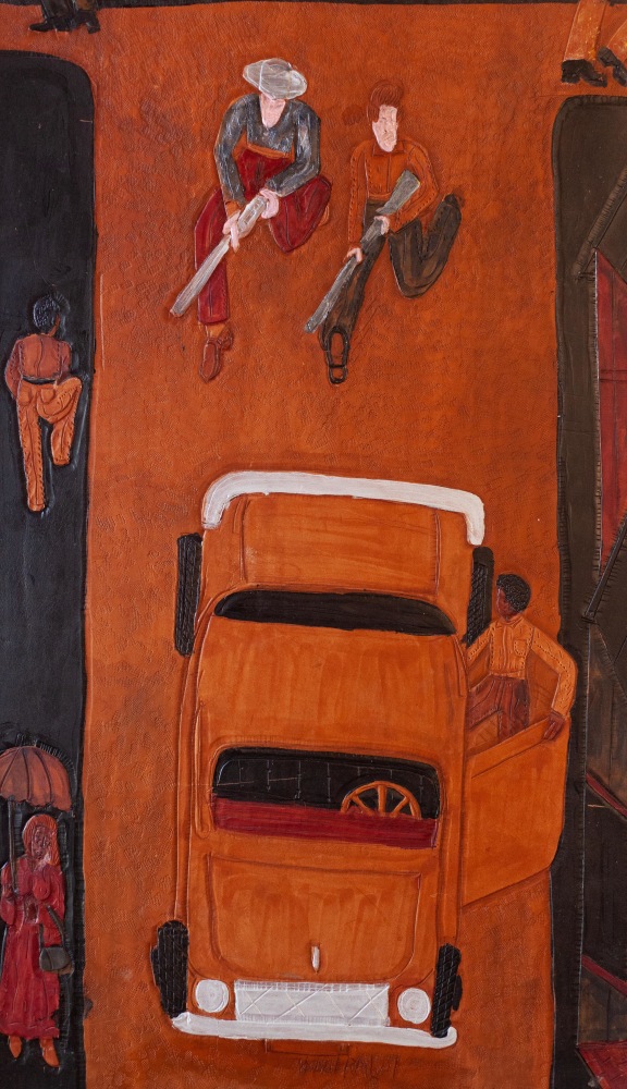 The Getaway,&amp;nbsp;2015
Acrylic paint on carved and tooled leather
32.5 x 19.75 inches