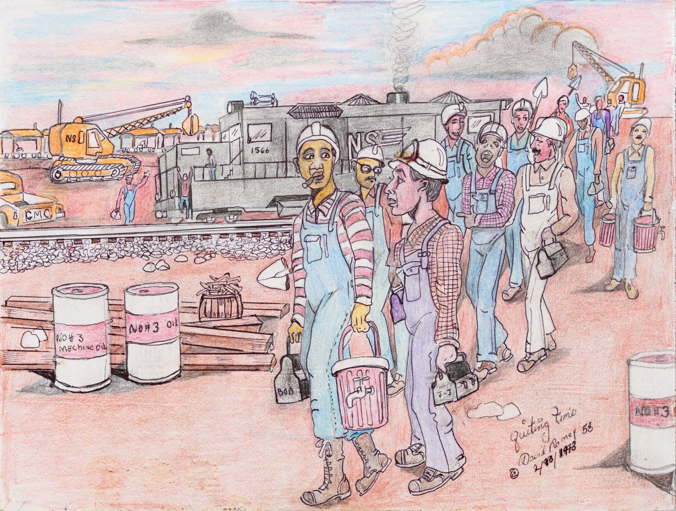 An ink graphite, and colored pencil drawing that displays a yellow construction excavator, a train, and group of workers.