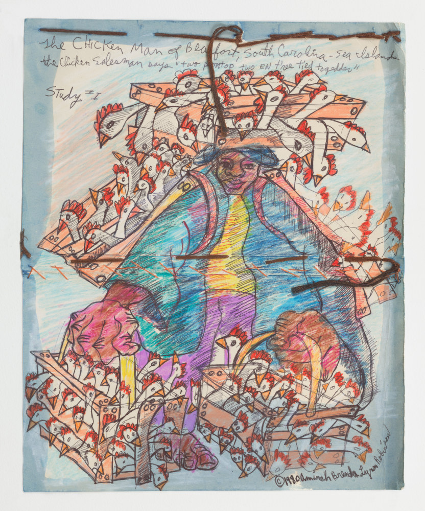 Aminah Brenda Lynn Robinson
The Chicken Man of Beaufort, South Carolina
1980
11.25 x 9.25 in.
Ink, pastel, and thread, on paper