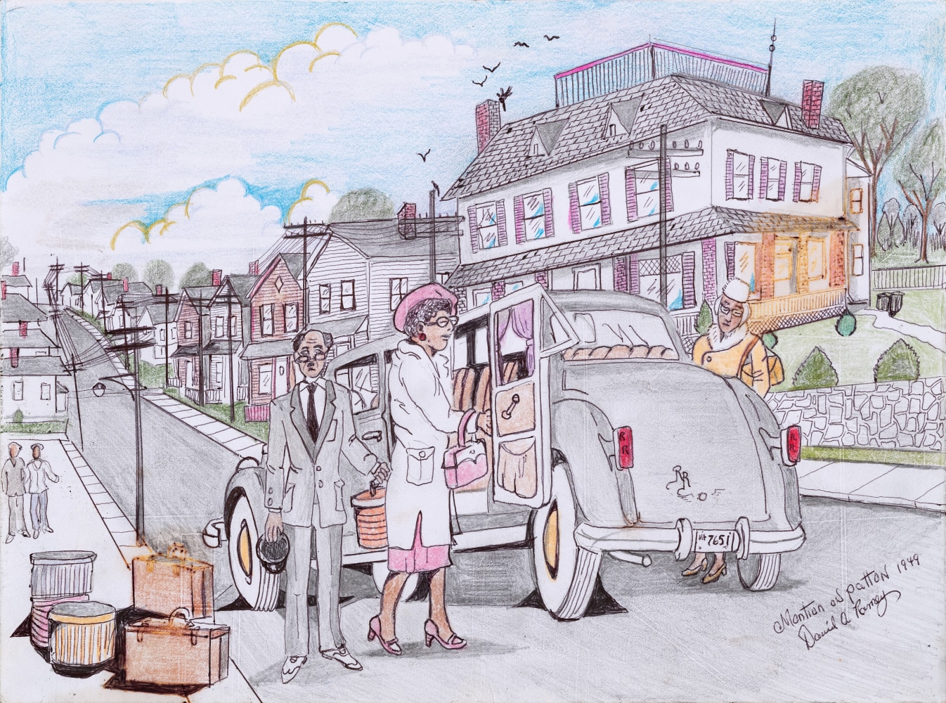 An ink graphite and colored pencil drawing on paper that displays an older man and women entering a gray vehicle.