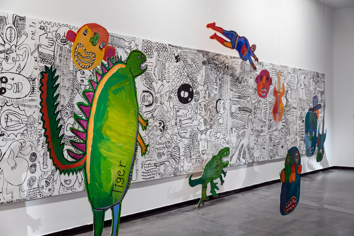 Tiger Yaltangki

TIGERLAND&amp;nbsp;2018

synthetic polymer paint on linen and plywood cut-outs

installation: 200.0 x 1200.0 x 240.0 cm

Installation view, Australian Centre for Contemporary Art,&amp;nbsp;Melbourne, 2018

Courtesy the artist and Iwantja Arts,&amp;nbsp;Indulkana and Alcaston Gallery,&amp;nbsp;Melbourne
