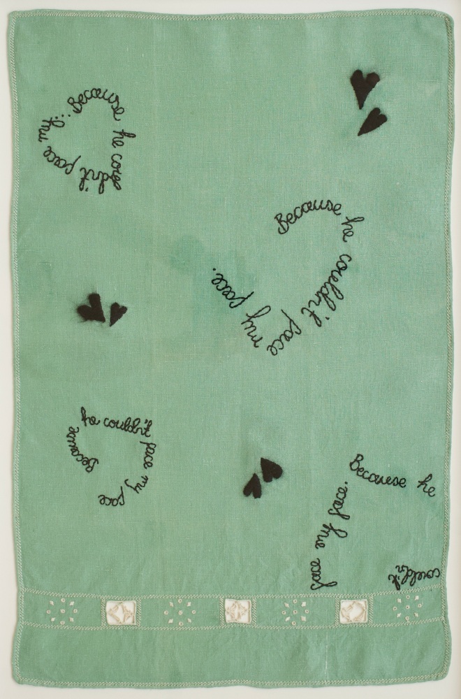 Because He Couldn&amp;rsquo;t Face Me, 2019
Embroidery on vintage linen tea towel
22 x 14.5&amp;nbsp;inches
&amp;nbsp;